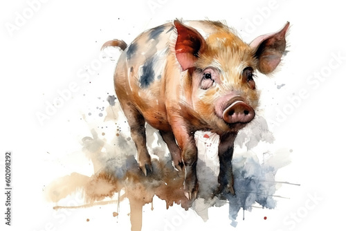 Watercolor painting of a pig on a white background. Farm Animals. Illustration, generative AI.