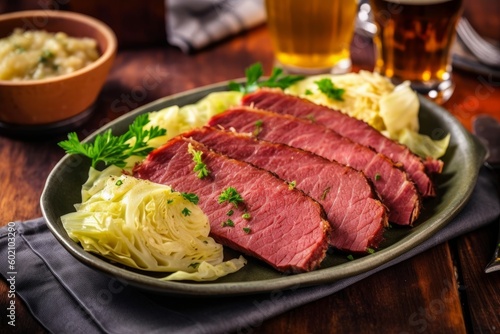 An overhead shot of a plate of traditional Irish corned beef and cabbage with a green beer in the background. Generative AI