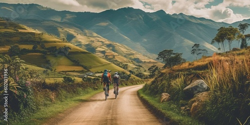 Cycling in Colombia South America. Bicycle rider in Latin America. Palms, forest, nature and landscape of Ecuador. Generative Ai.