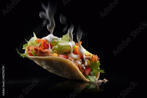Fresh taco with flying ingredients isolated on black background. Ai generative.