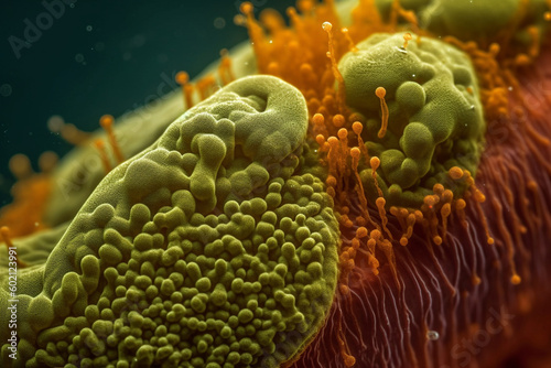 A close-up of bacteria on the surface of a kitchen sponge, highlighting the need for regular replacement and cleaning, bacteria Generative AI