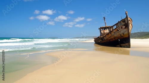 the fraser island ship wreck on the beach generative ai