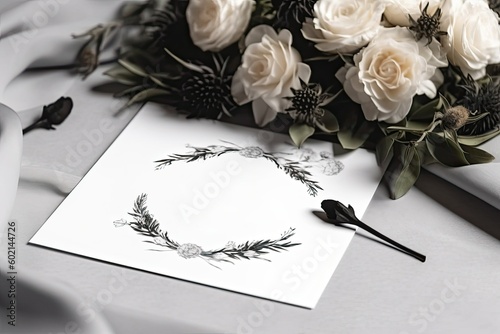 Empty condolence blank with a bouquet of roses. White greeting card with flowers on gray silk fabric. Generative AI