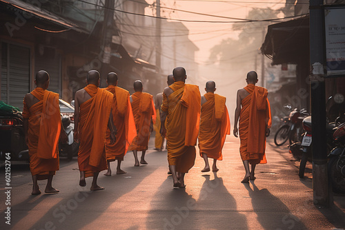 A group of Thai monks walking barefoot through the street