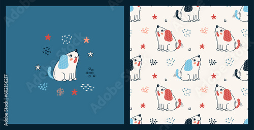 Pet. Cute Dog Set. Seamless Pattern and Poster with Little Puppy. Vector Childish Background. Baby Funny Animal. Great Kids Fashion T-shirt Print Design, Nursery Wallpaper