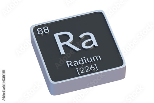 Radium Ra chemical element of periodic table isolated on white background. Metallic symbol of chemistry element. 3d render