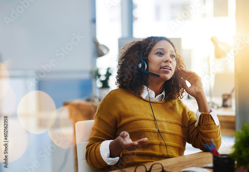 Talking, crm or woman in call center consulting, speaking or explaining at customer services. Virtual assistant, contact us or biracial sales consultant in telemarketing or telecom company help desk