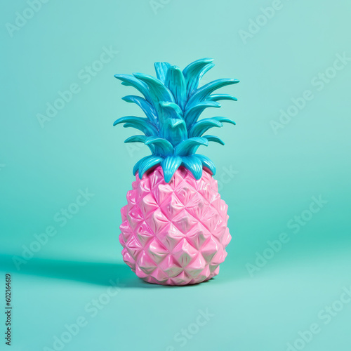 Creative minimal composition with pink ananas on a pastel blue background. Generative AI.