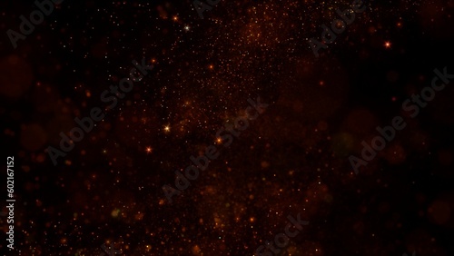 Golden black magic abstract glistering star particles lights wallpaper background. Horizontal luxury and glamor high detail 3D illustration backdrop. Glowing soft focus festive amber sparks overlay.