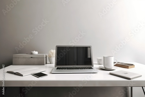 View of a laptop from the front, showing a white table with a coffee cup, supplies, and an empty display. Generative AI