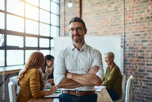 Portrait, business and man with arms crossed, startup success and leadership skills. Face, happy male person and manager with confidence, collaboration and teamwork with partnership and innovation