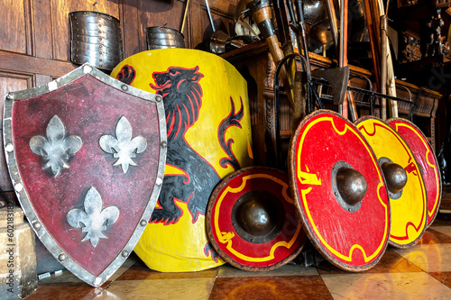 Medieval shield in Warwick Castle - is a medieval castle, UK