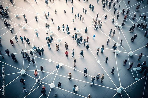 Aerial view of a crowd with a network of connections, generative ai