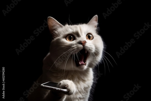 スマートフォンを見て驚き叫ぶ猫：AI作品 