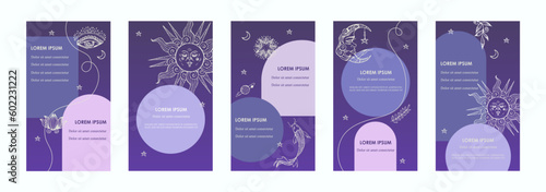 Social media templates. Mystical and astrological symbols. Set of magical templates for stories, flyers, posters, cards, brochures. Vector illustration. 