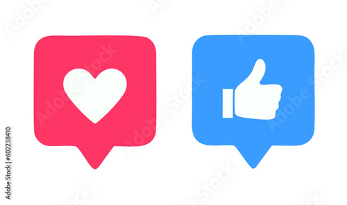 Like or thumb up and heart vector modern icons. Design elements for social network, marketing, sms, app, interface and ad. Facebook, instagram, twitter