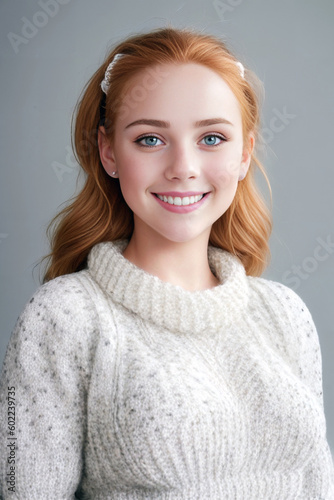 Beauty curve plus size ginger woman in a white sweater on a gray background. Generative AI