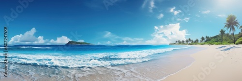 Tropical sea and sandy beach with blue background. Generative AI