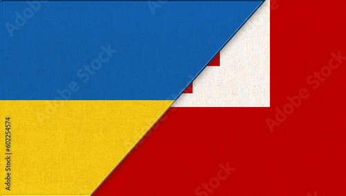 Flag of Ukraine and Tonga. Partnership of two states. Polynesian country