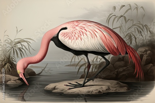 Realistic Flamingo Drawing with Intricate Details and Delicate Shading by a Renowned Artist, generative AI