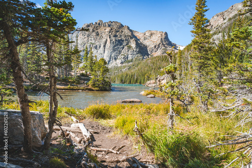 view on the loch lake in the rocky mountains nationalpark on a sunny day