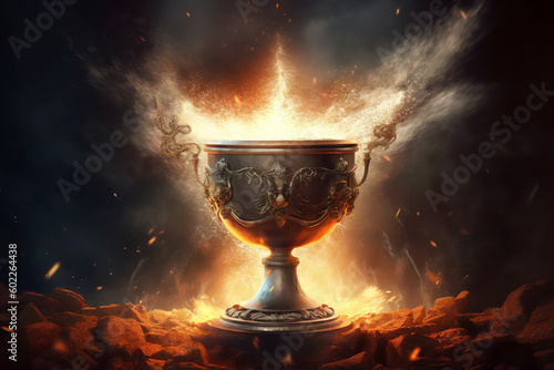 The Holy Grail is the chalice cup that Jesus Christ drank from at the Last Supper which has mystical powers according to the Arthurian legend , computer Generative AI stock illustration image 