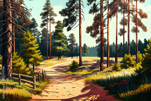 pine forest panorama in summer. Pathway in the park. Generative Ai
