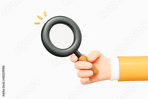 3D Hand holding magnifying glass. .Search and analyze information. Character with magnifier. Discover or research. Cartoon creative design illustration isolated on white background. 3D Rendering