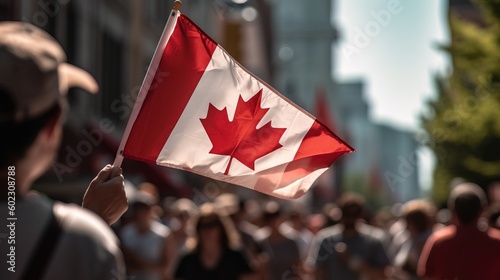hand waving a Canadian flag during a Canada Day parade