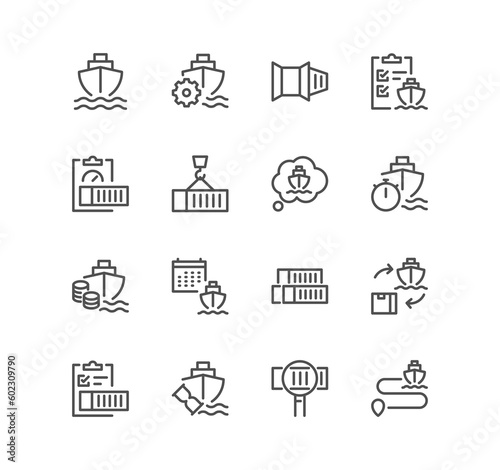 Set of logistics related icons, loading process, container, route, ship, container stacking and linear variety symbols. 
