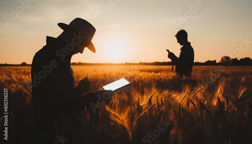 two people looking at a tablet in a field of wheat. sunset horizon Generative AI