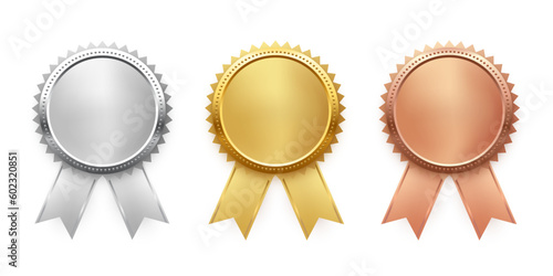 Gold, silver and bronze medals with ribbon set vector illustration. Realistic isolated trophy and medal collection with metal reward badges for winners, quality certificate and prize warranty