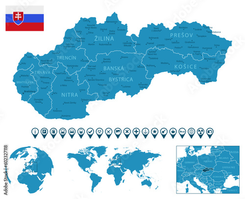 Slovakia - detailed blue country map with cities, regions, location on world map and globe. Infographic icons.
