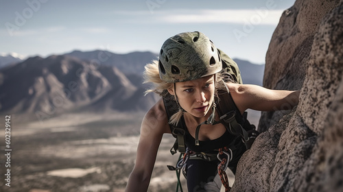 Young confident woman rock climbing at the mountains on sunny day.