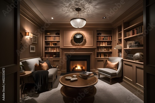 A cozy den with a fireplace, built-in bookshelves, and comfortable seating that creates the perfect atmosphere for relaxation and reflection - Generative AI