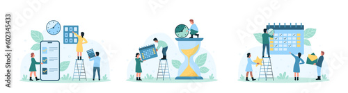 Time management set vector illustration. Cartoon tiny people schedule business tasks of month in calendar timetable, work with priority list to organize important appointment in organizer mobile app