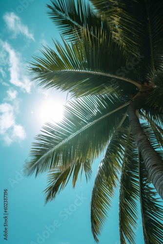 Kokospalme Palmenblätter mit blauen Himmel Hintergrund - mit KI erstellt 