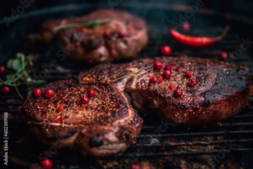 Juicy appetizing steaks on the grill. Smoke, fire. Grilled meat. Generative AI.