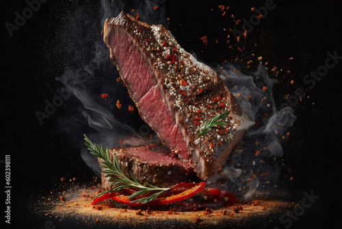 Grilled steak meat piece with spices Smoke, fire. Grilled meat levitation. Generative AI.