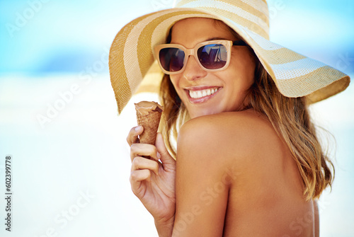 Smile, ice cream and portrait of woman at beach on vacation, holiday travel and summer hat mockup. Sunglasses, chocolate gelato and female person eating by ocean shore and enjoying snack in Brazil