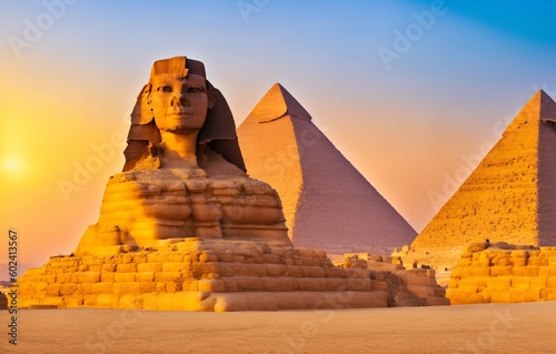 The Great Sphinx of Giza and the Pyramid of Khafreat sunset, Egypt (Generative AI)