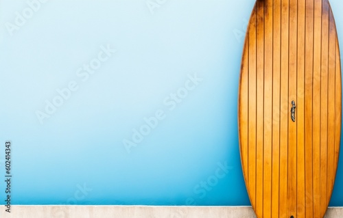 Wooden surfboard near beige wall, closeup (Generative AI)