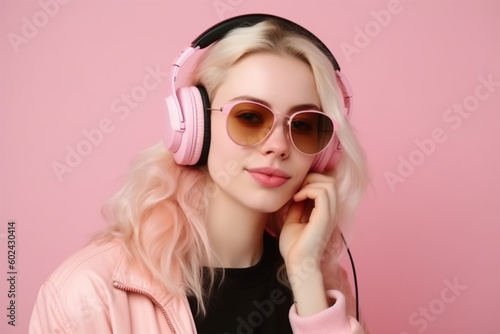 a happy young woman with bright hair in headphones on a pink background listens to music. Generative AI