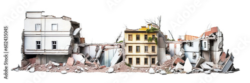 Destroyed buildings after earthquake isolated on transparent background - Generative AI