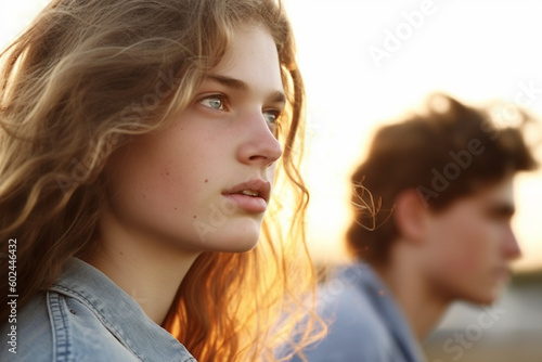 teenage girl or young adult woman is disgusted with her boyfriend, stressed annoyed and disappointed, quarrel in relationship, sunset outside by the lake. Generative AI