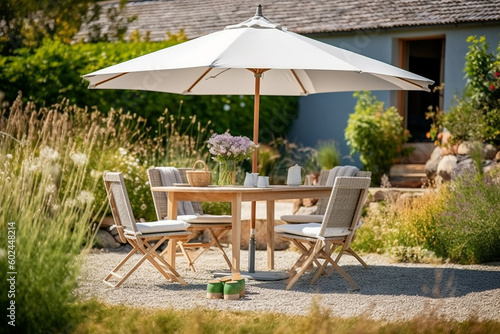 garden chairs, garden table and parasol in the garden, cozy at home in the garden. Generative AI