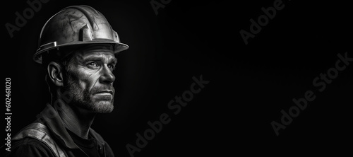 Black and white photorealistic studio portrait of a construction worker with hard hat on black background. Generative AI illustration