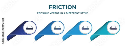 friction icon in 4 different styles such as filled, color, glyph, colorful, lineal color. set of vector for web, mobile, ui