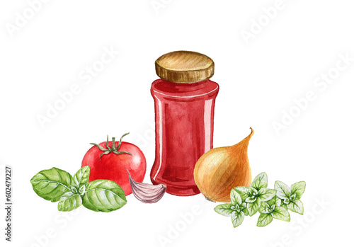 watercolor drawing jar with marinara sauce, tomato, onion,basil leaves , oregano and garlic clove, hand drawn illustration