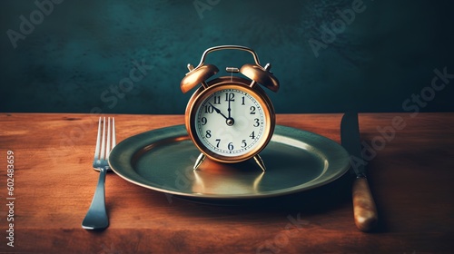 Concept of intermittent fasting, showing an empty plate and a clock. The practice of eating within specific time frames to promote better health and weight management. Generative AI